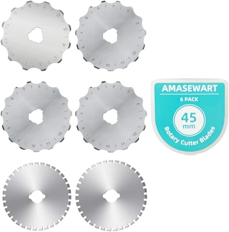 AMASEWART 45mm Crochet Edge Rotary Cutter Blades, Skip Stitch Rotary Blades Fits Fiskars Olfa, Perforating Rotary Replacement Blade, Pack of 6 - Image 1